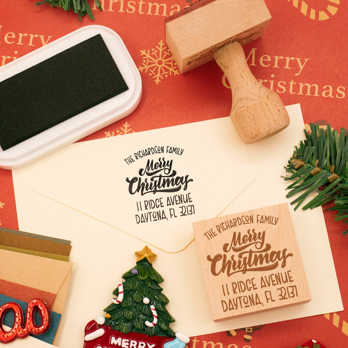 Custom Merry Christmas Square Address Rubber Stamp