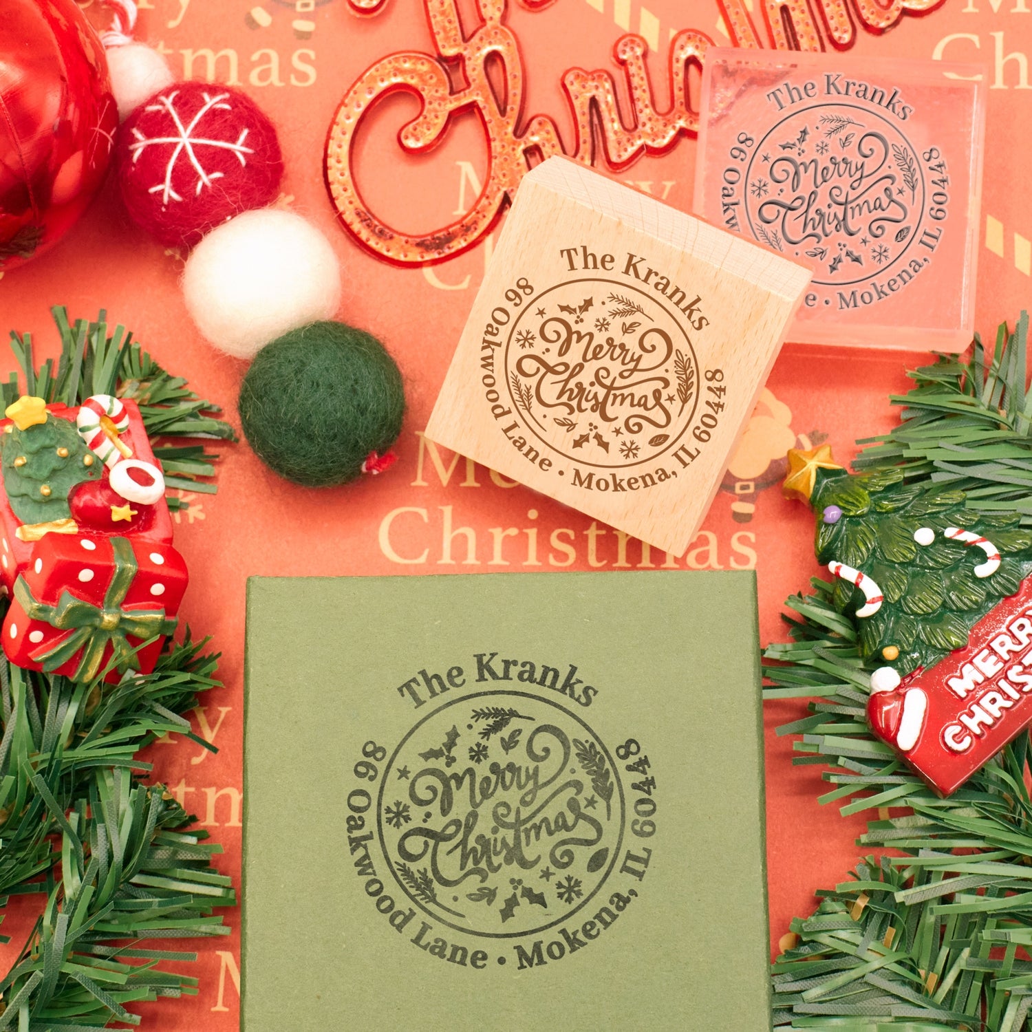 Custom Merry Christmas Text Address Rubber Stamp2