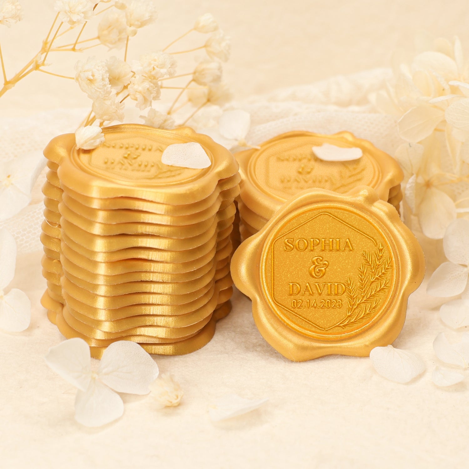 Custom Olive Branch Wedding Name and Date Wax Seal Stickers 2-9