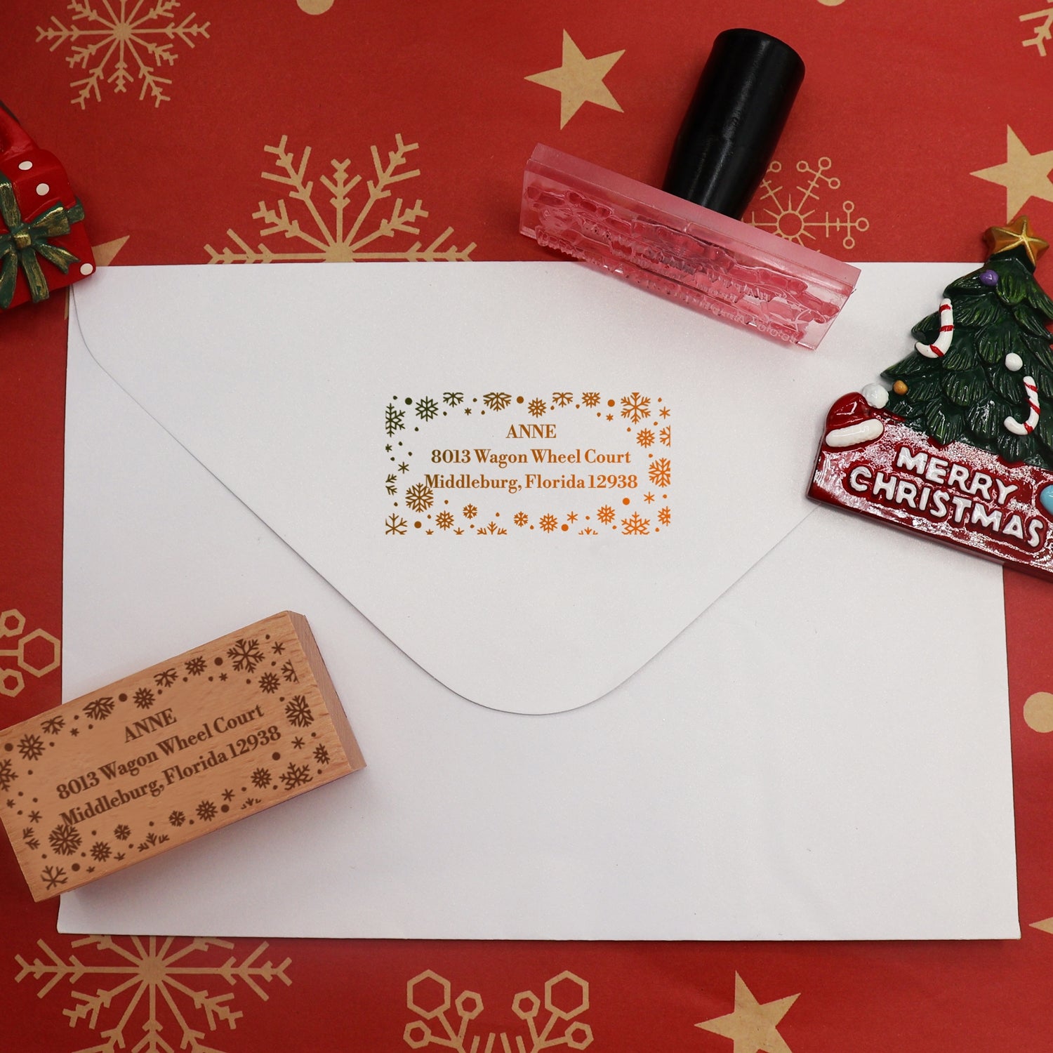 Custom Snowflake Border Christmas Rectangle Address Rubber Stamp2