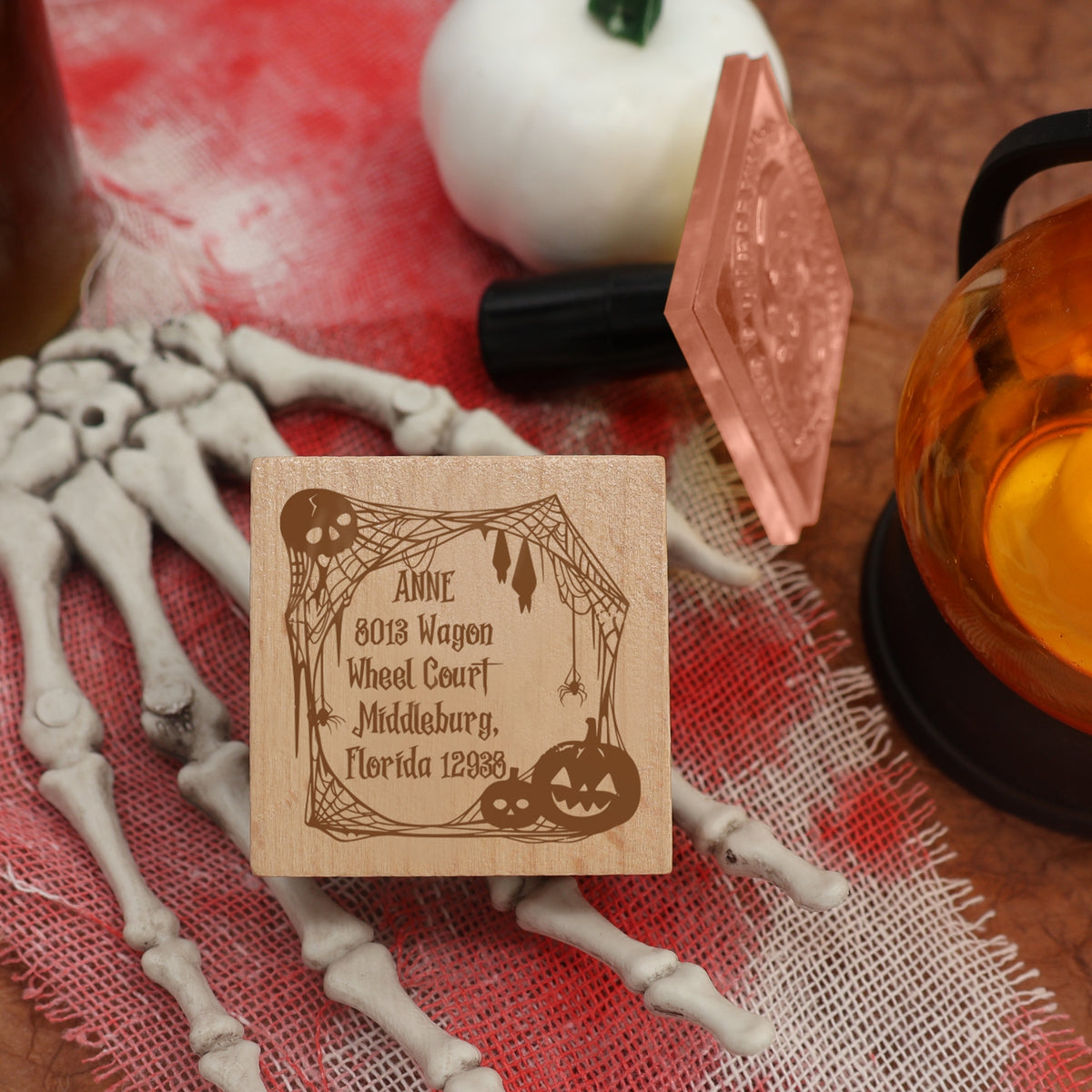 Custom Spiderweb and Pumpkin Halloween Address Rubber Stamp1