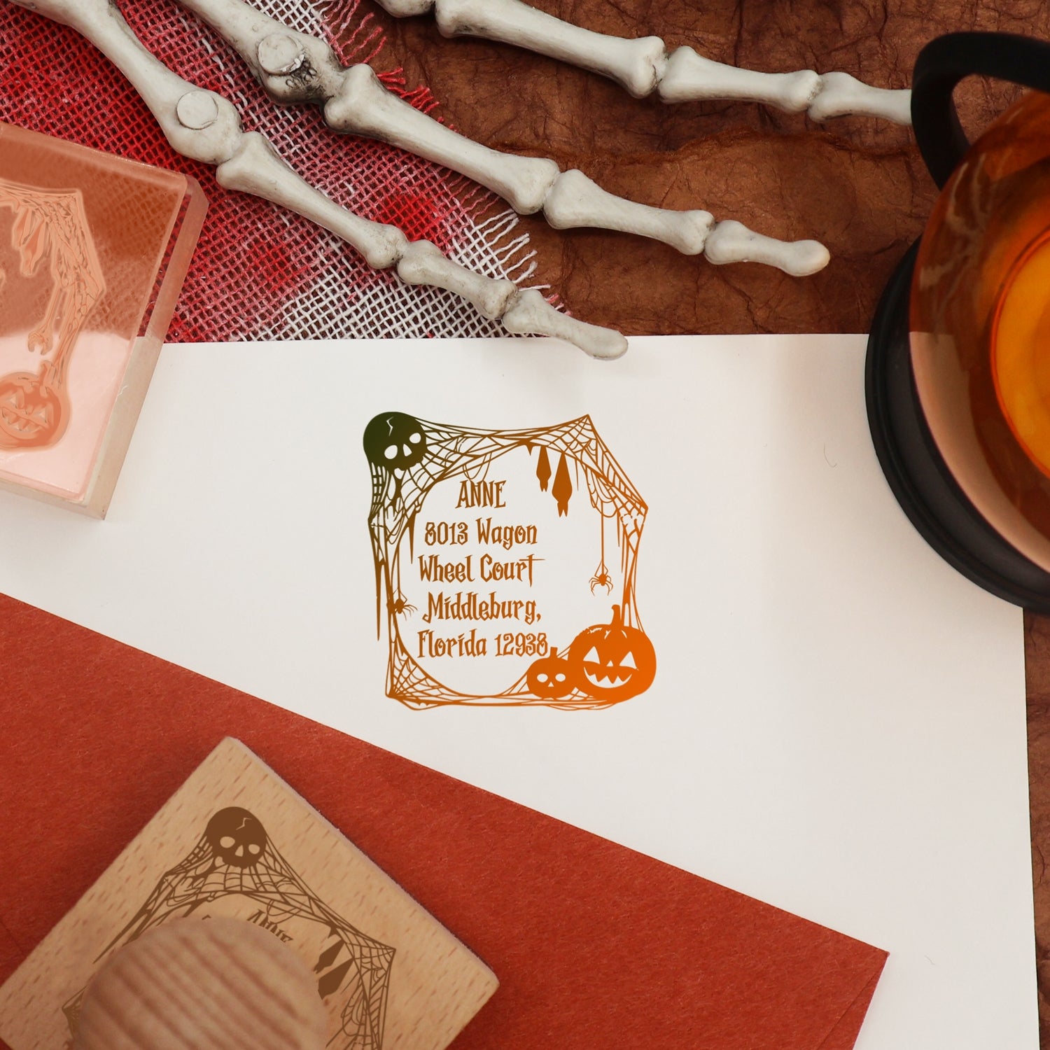 Custom Spiderweb and Pumpkin Halloween Address Rubber Stamp2