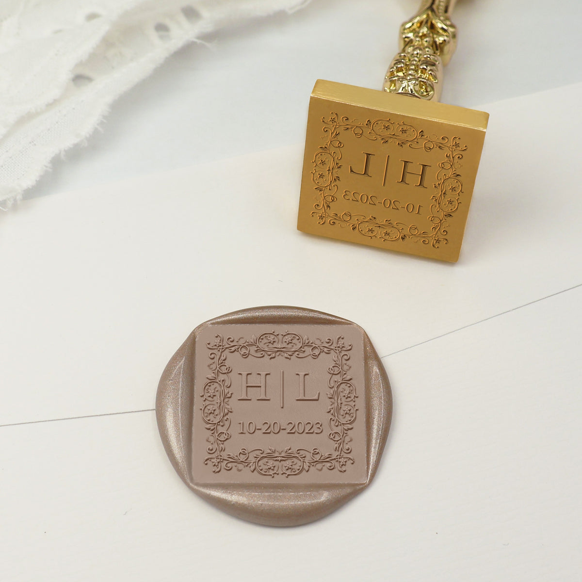 Custom Square Wedding Wax Seal Stamp - Style 14 - Stamprints