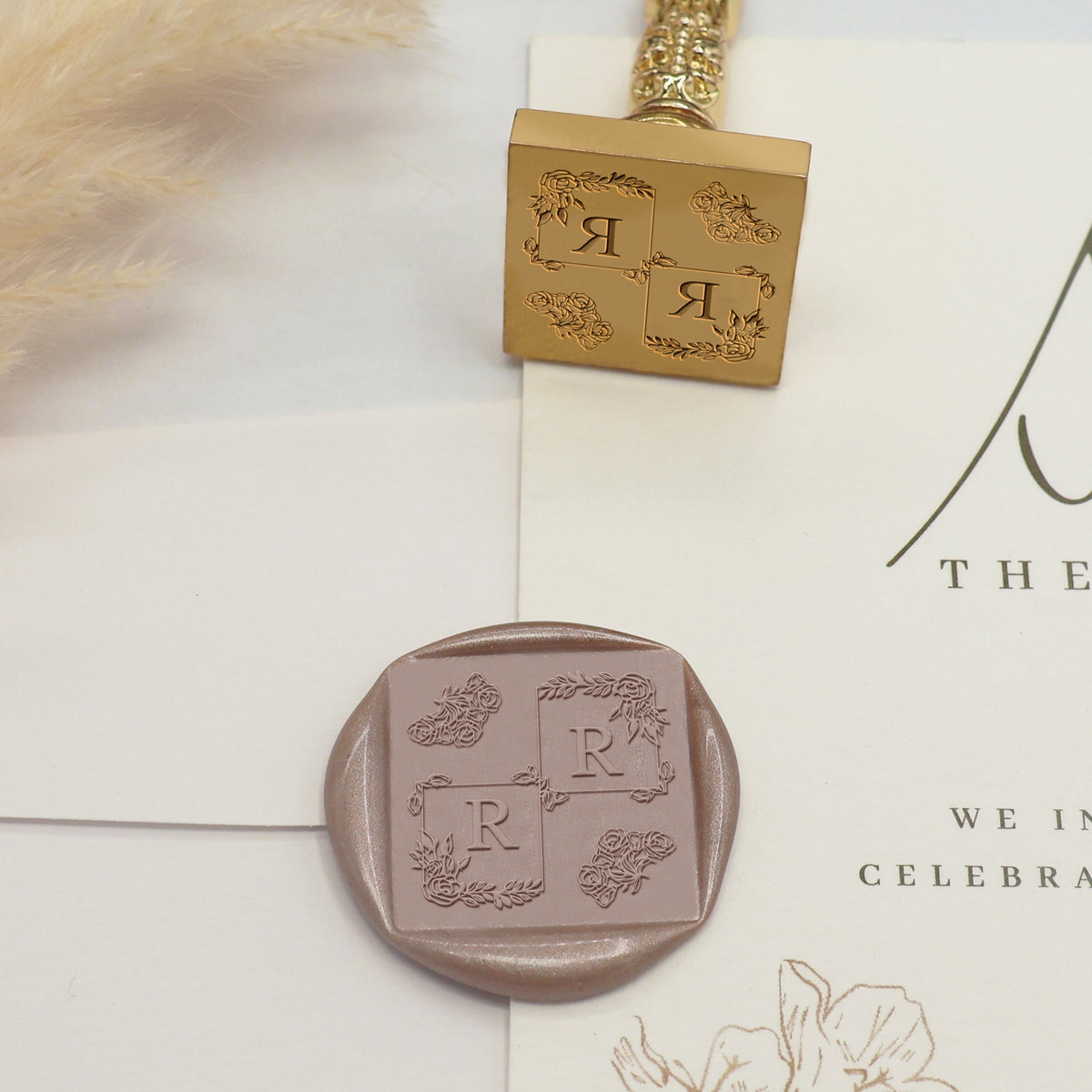 Custom Square Wedding Wax Seal Stamp - Style 16 - Stamprints3