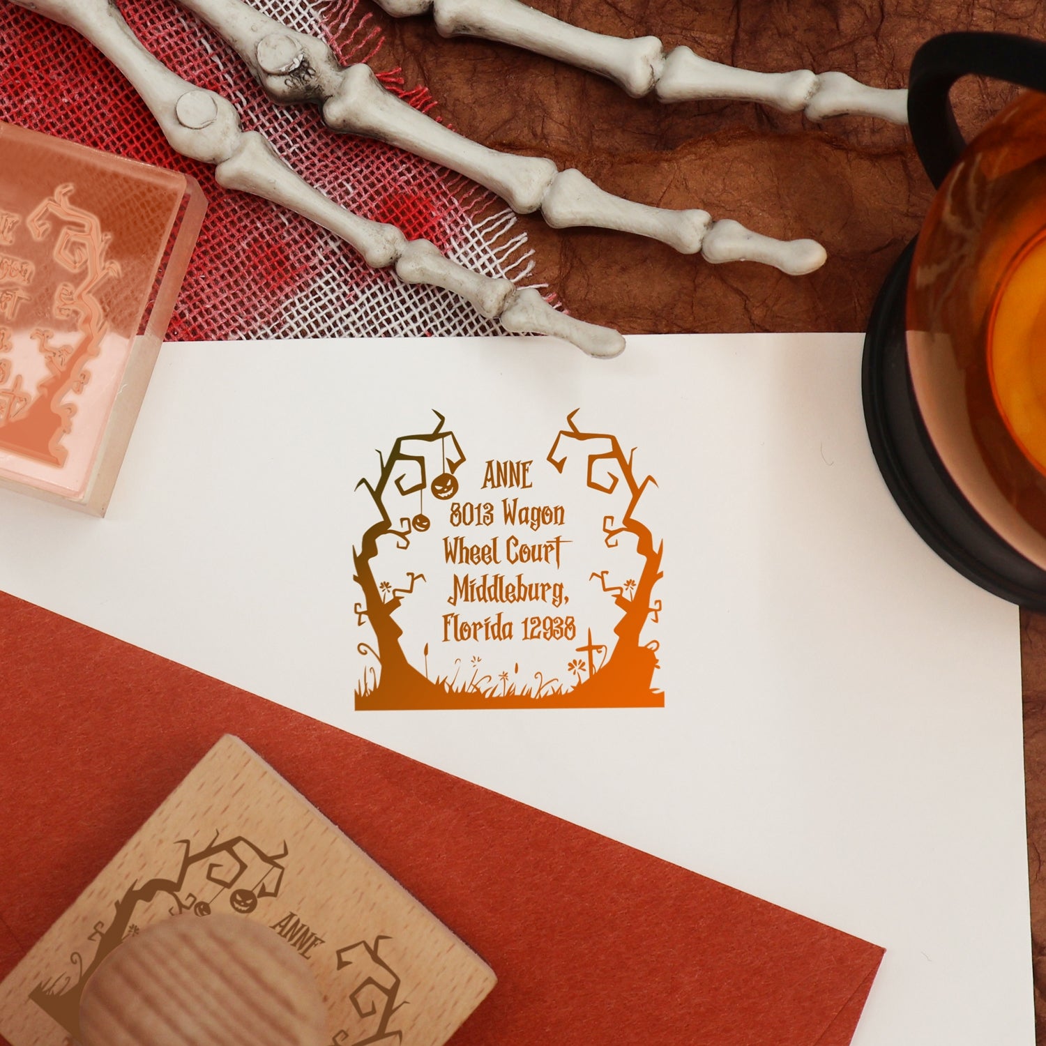 Custom Twin Trees Halloween Address Rubber Stamp2