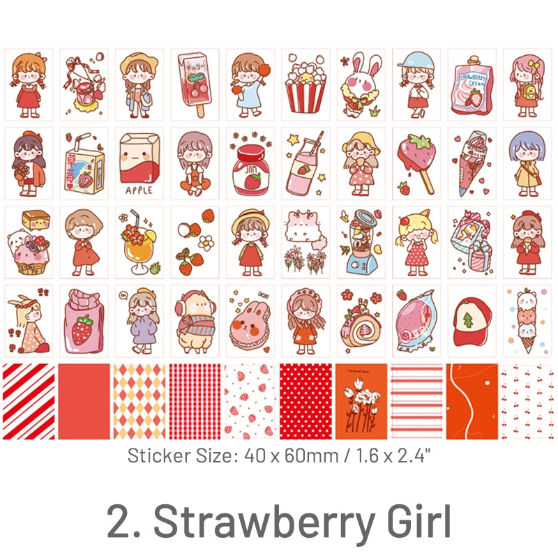 Strawberry Girl-Pet and People Washi Sticker Book - Cat, Girl, Rabbit, Unicorn