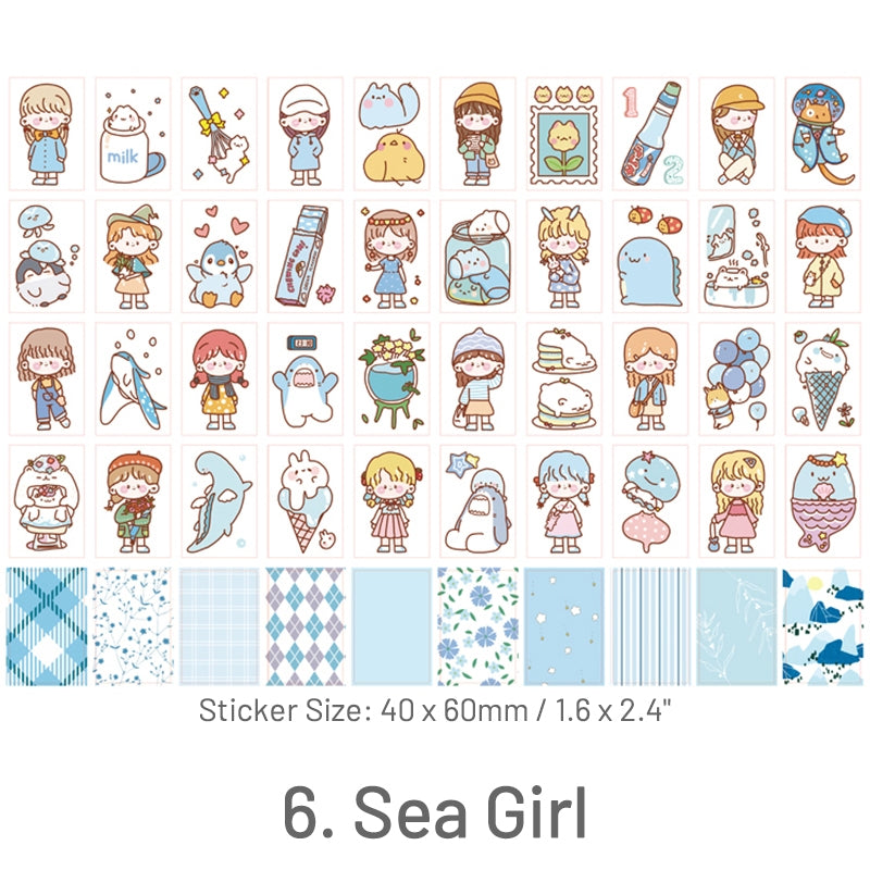 Blue Girl-Pet and People Washi Sticker Book - Cat, Girl, Rabbit, Unicorn