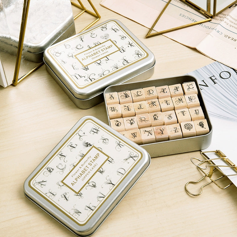 DIY Butterfly Love Floral Series Tin Boxed Letter Wood Stamp Set b3
