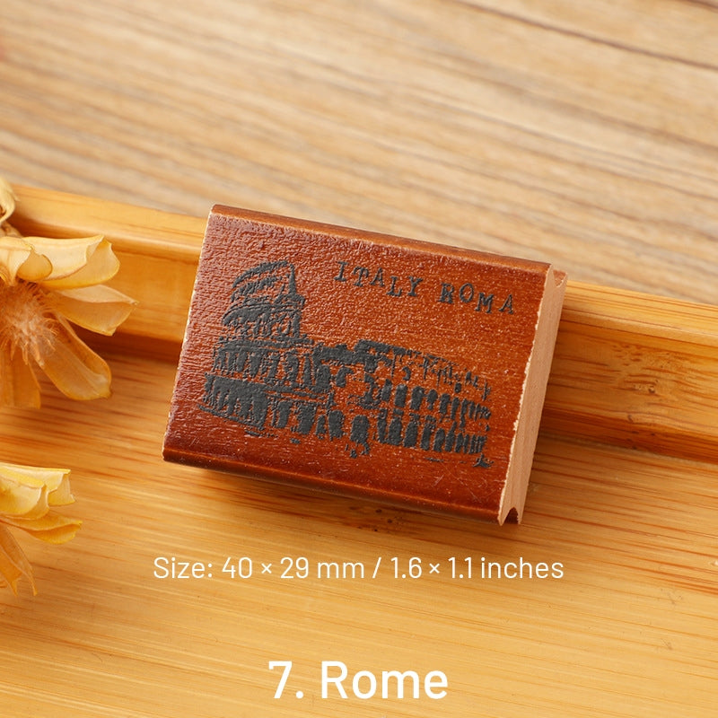 European Travel Retro Journal Wood Rubber Stamp sku-7