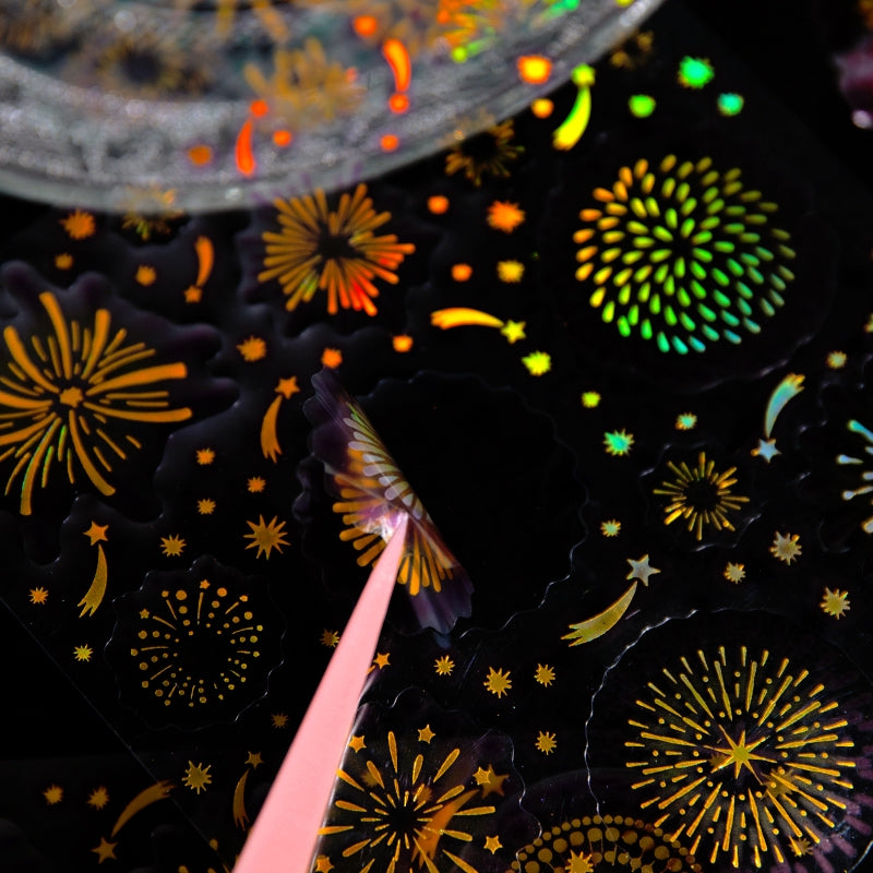 Fireworks Series Holographic Hot Stamping PET Sticker Sheet c3