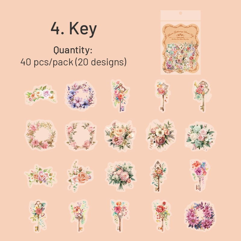Floral PET Stickers - Window, Coffee, Key, Vase, Bear, Girl, Wreath sku-4
