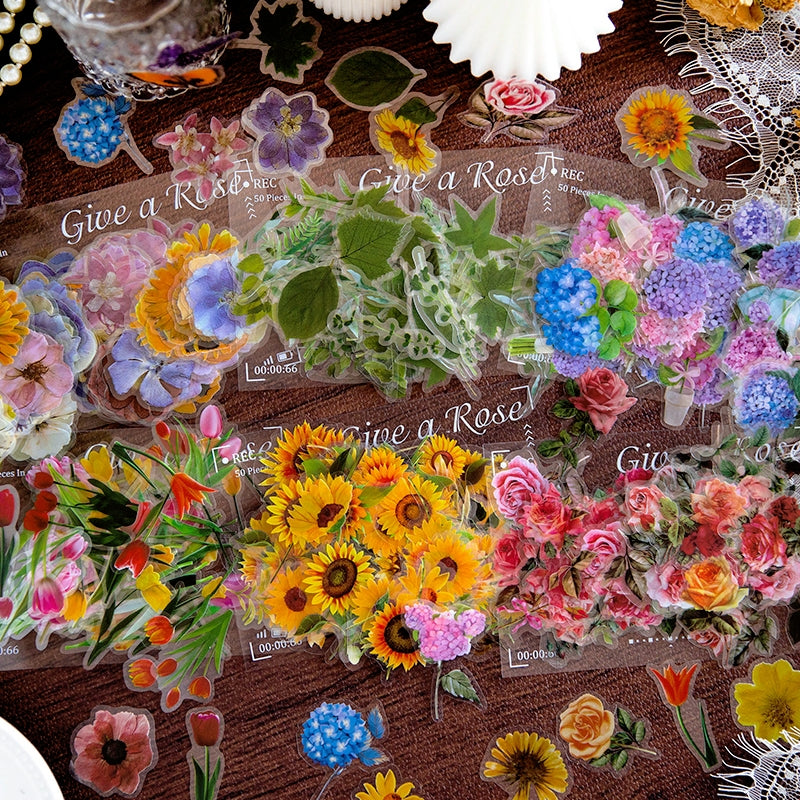 Flower PET Stickers - Rose, Hydrangea, Sunflower, Tulip a