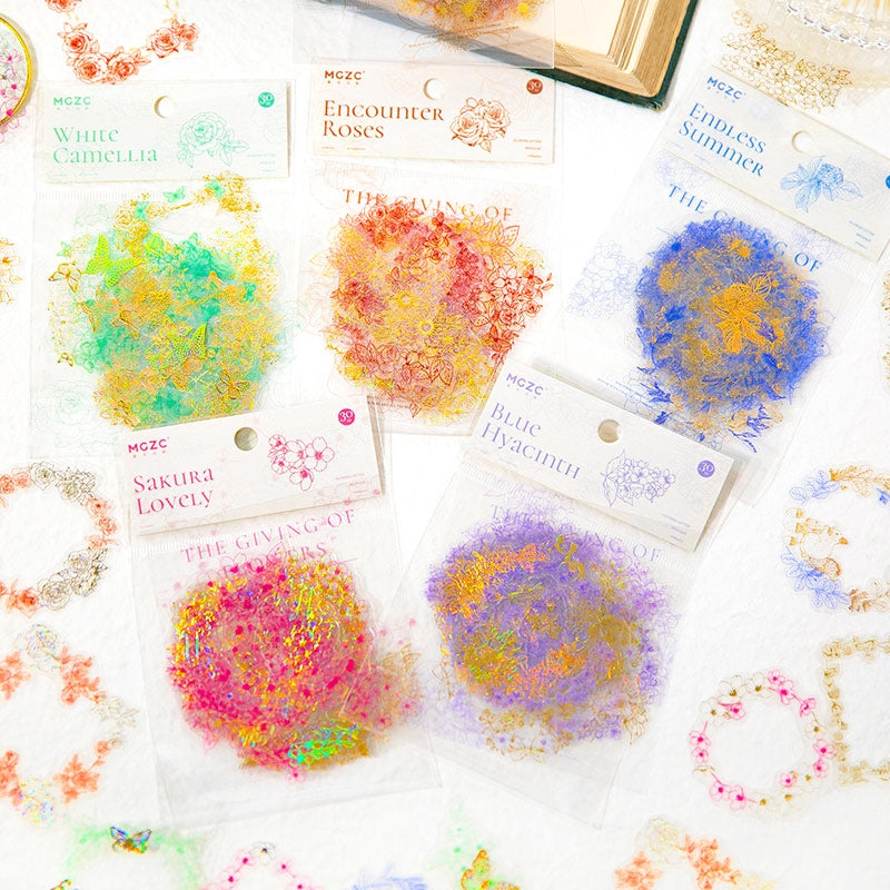 Flower Pledge Foil Stamping Botanical Sticker Pack - Hyacinth, Camellia, Sakura a
