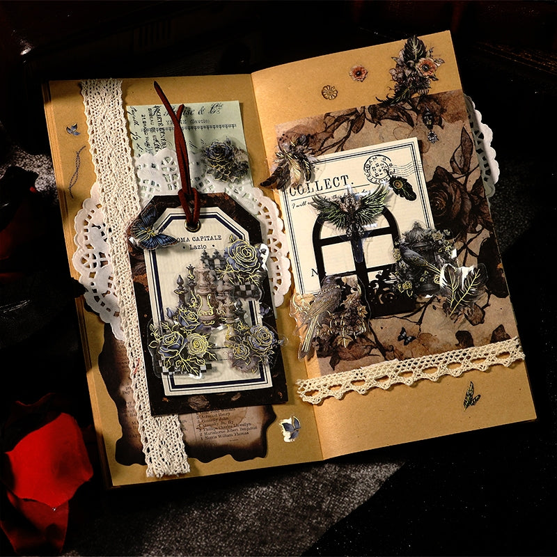 Gothic Vintage PET Stickers - Rose, Chessboard, Clock, Playing Cards, Wings, Halloween b