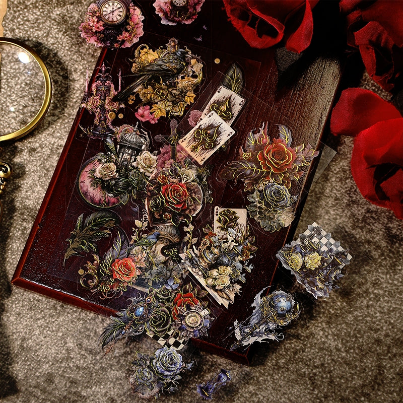 Gothic Vintage PET Stickers - Rose, Chessboard, Clock, Playing Cards, Wings, Halloween b5