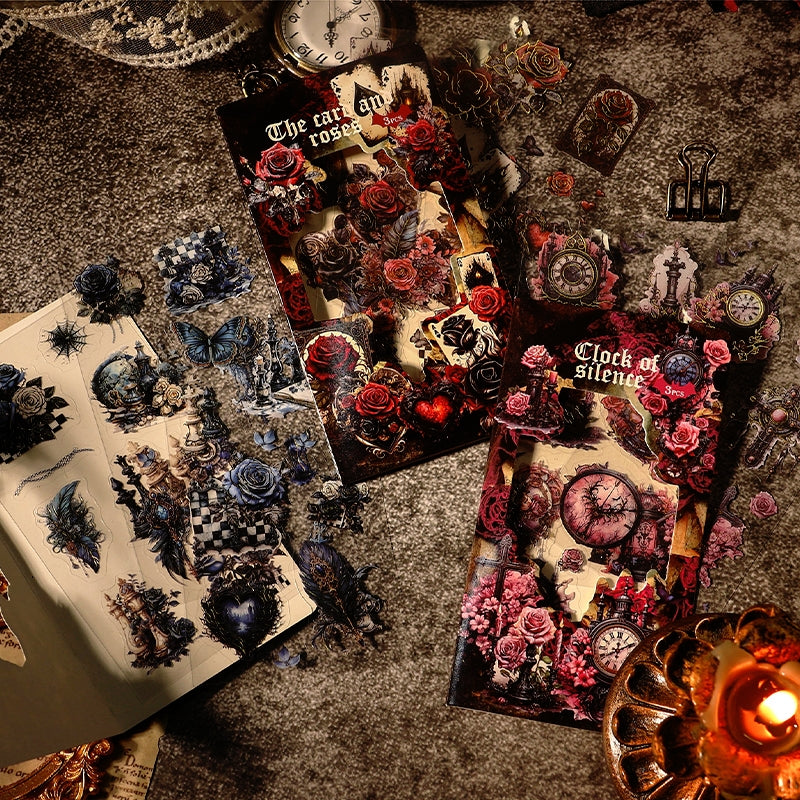 Gothic Vintage PET Stickers - Rose, Chessboard, Clock, Playing Cards, Wings, Halloween b6