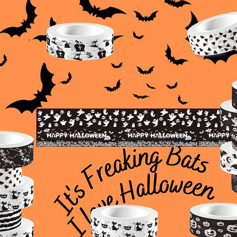 Halloween Bat and Pumpkin Black and White Washi Tape Set (12 Rolls) b2