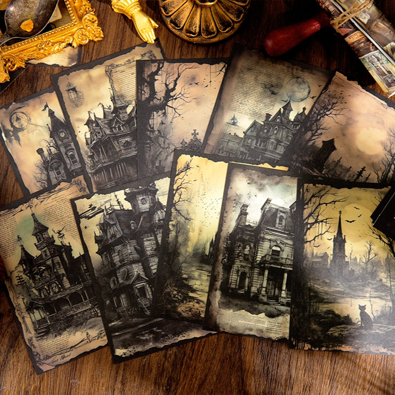 Halloween Horror Scrapbook Paper - Candle, Butterfly, Crow, Bottle, Castle - Stamprints6
