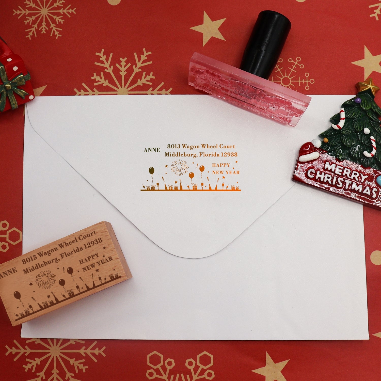 Happy New Year Rectangle Address Rubber Stamp - Style 7 3