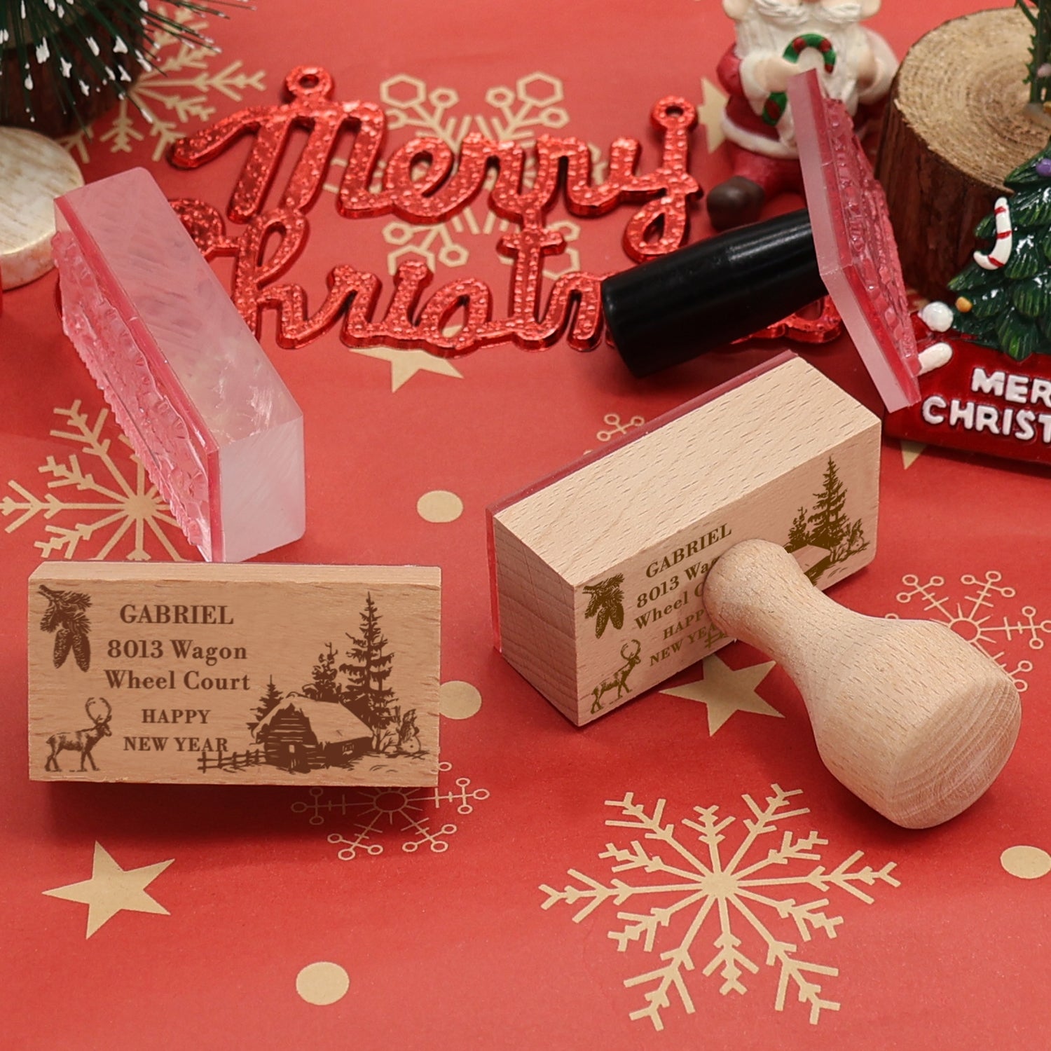 Happy New Year Rectangle Address Rubber Stamp (12 Designs)1