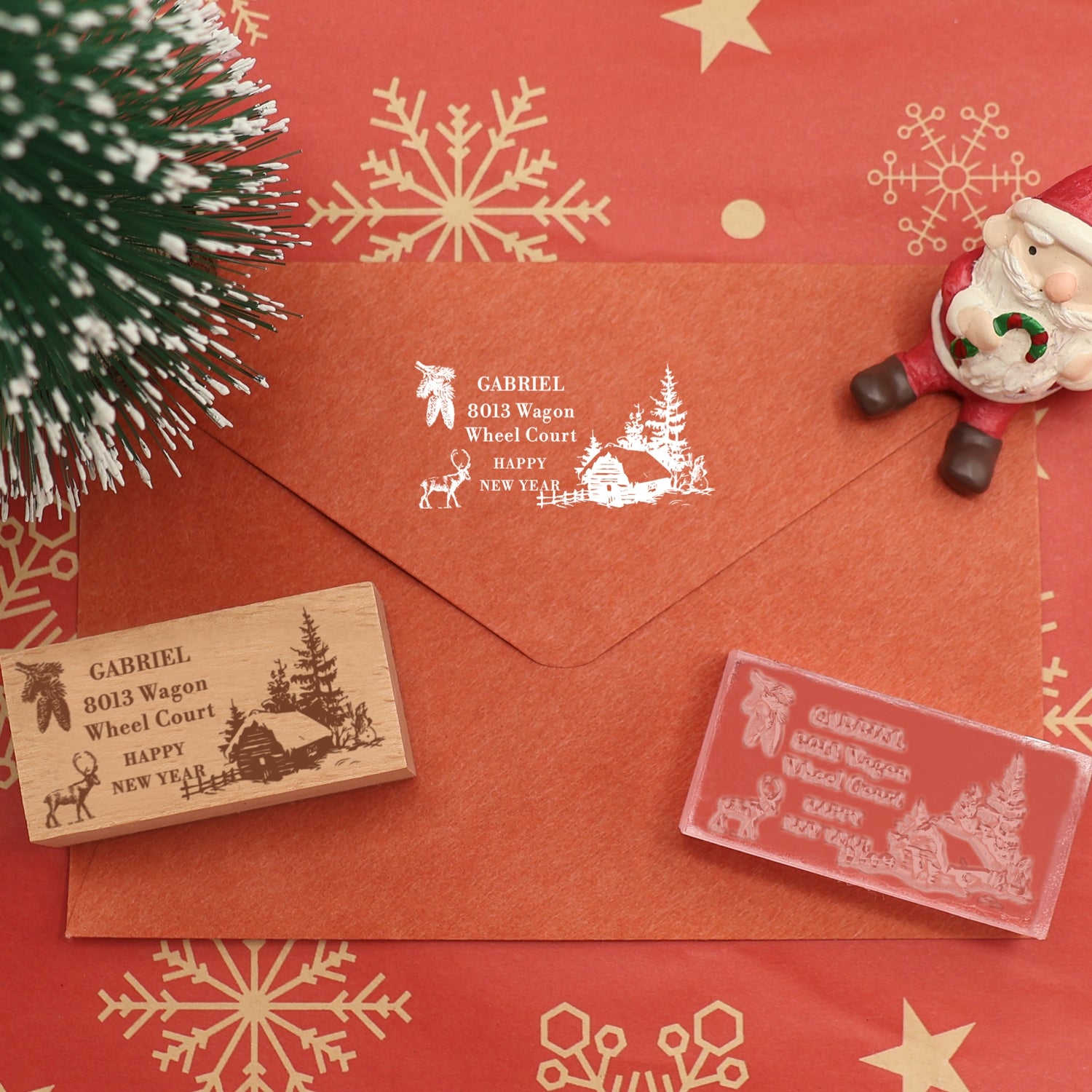 Happy New Year Rectangle Address Rubber Stamp (12 Designs)3