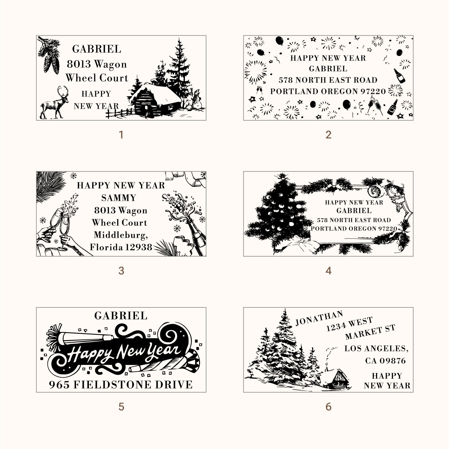 Happy New Year Rectangle Address Rubber Stamp (12 Designs)4