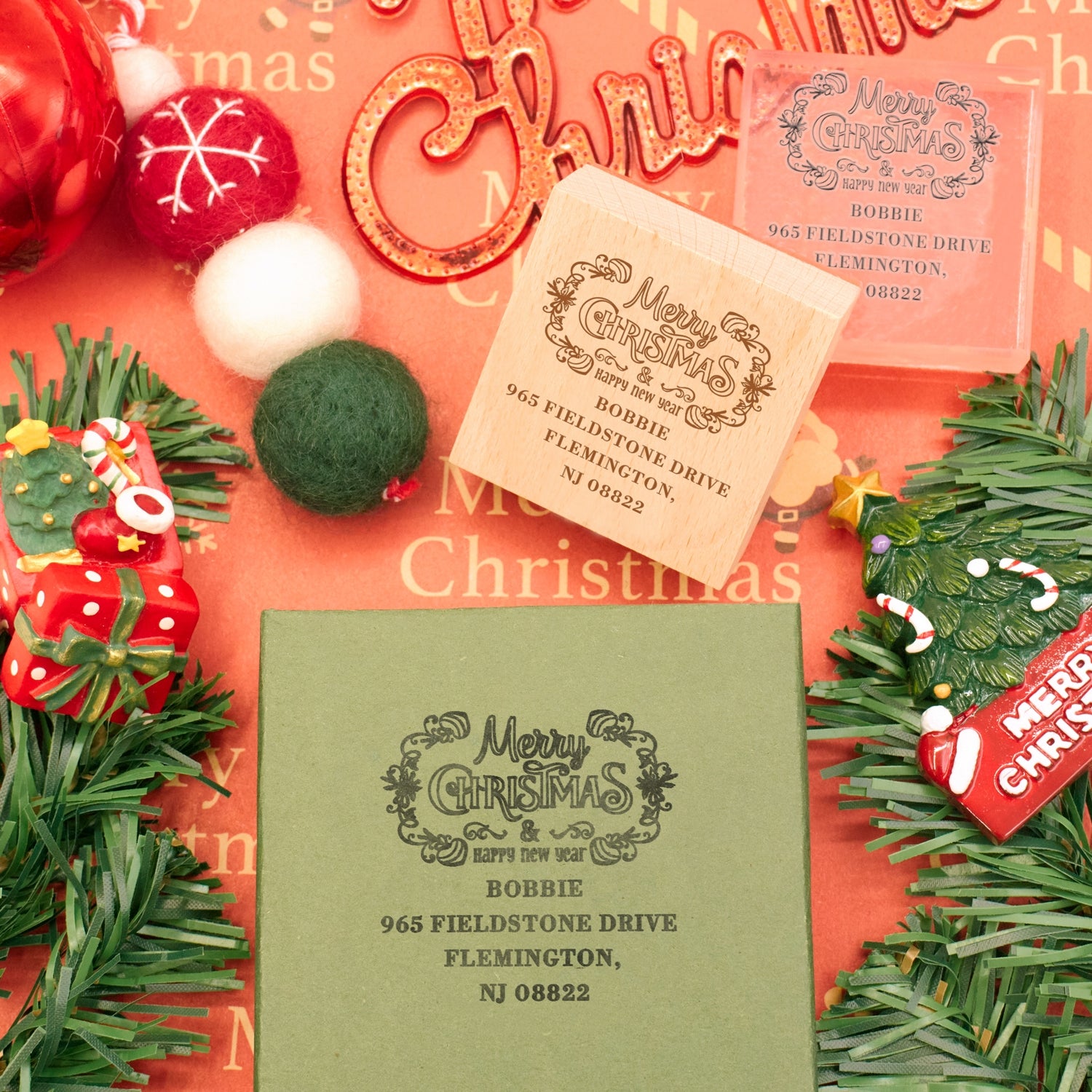 Happy New Year Square Address Rubber Stamp - Style 10 3