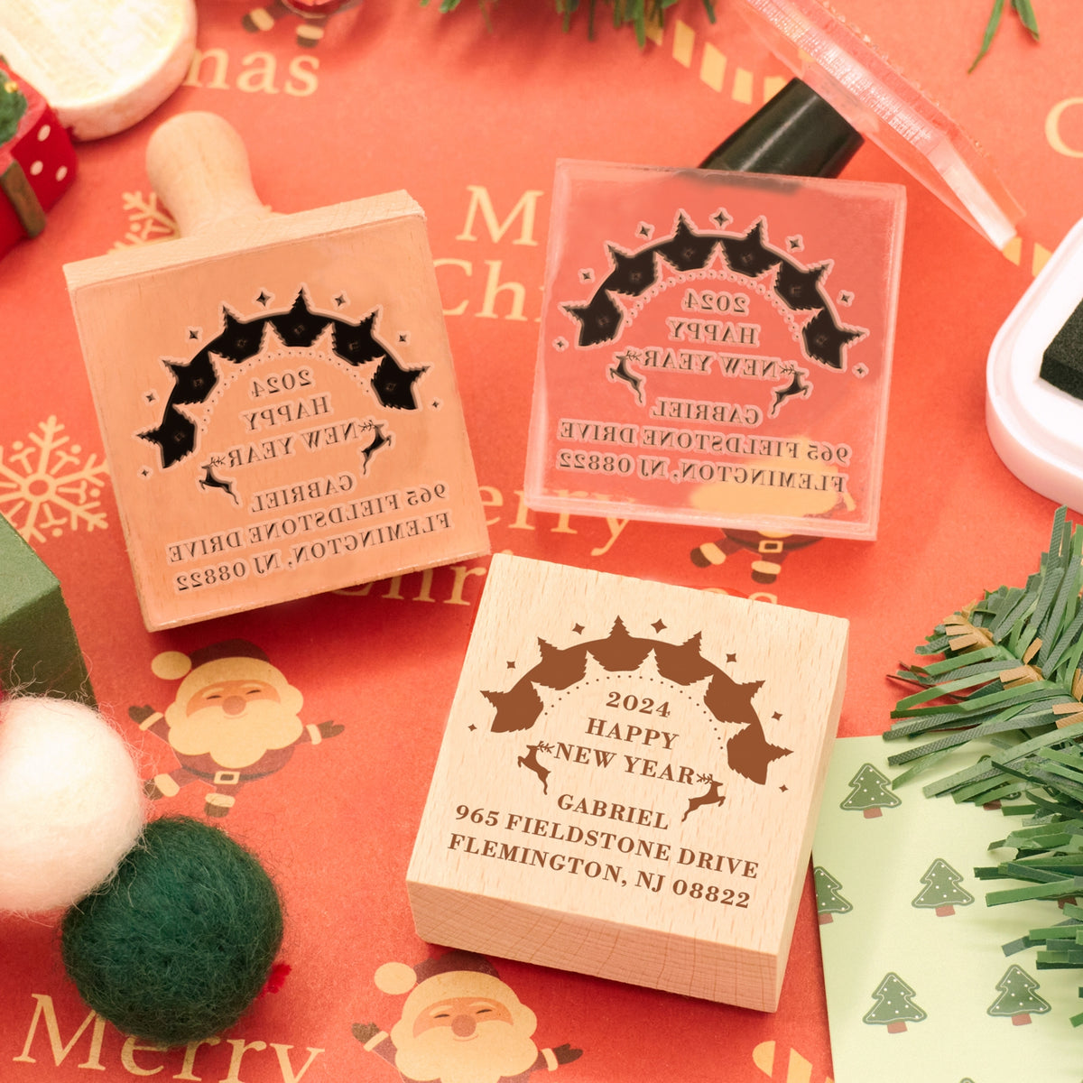 Happy New Year Square Address Rubber Stamp - Style 11 2