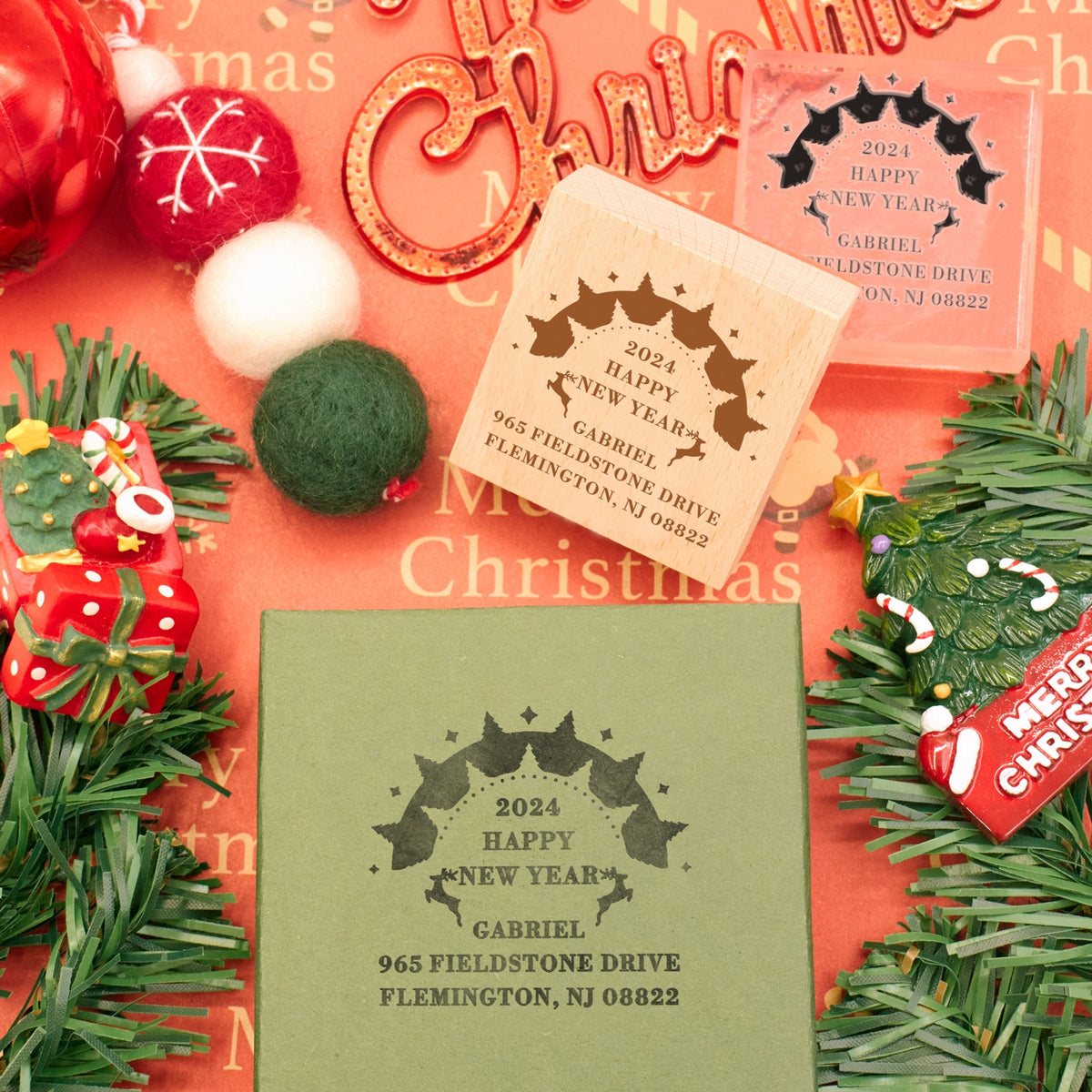 Happy New Year Square Address Rubber Stamp - Style 11 3
