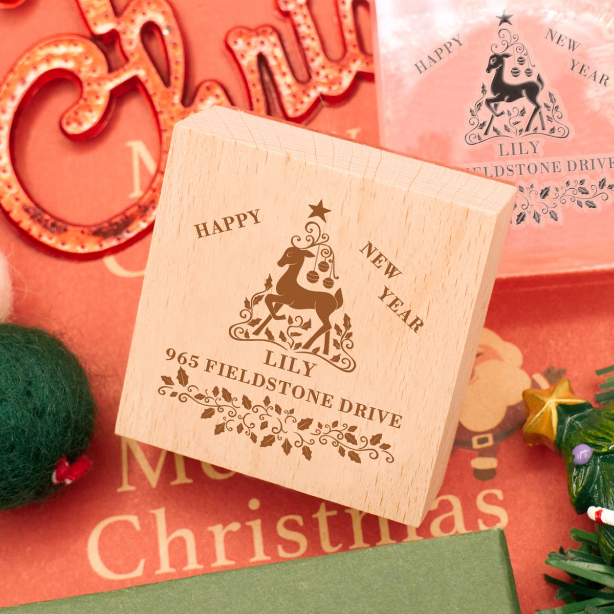 Happy New Year Square Address Rubber Stamp - Style 15 4