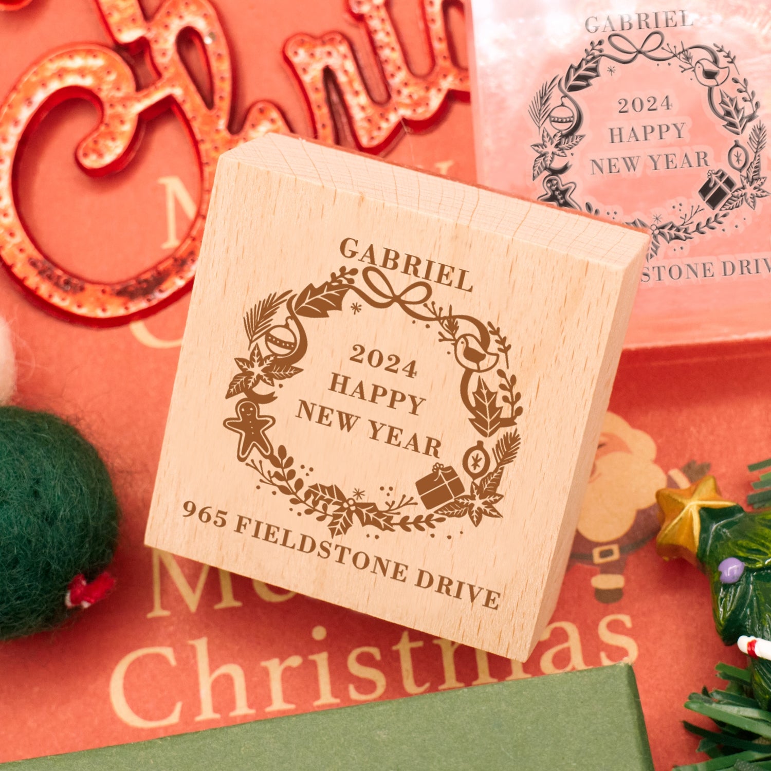 Happy New Year Square Address Rubber Stamp - Style 18 4