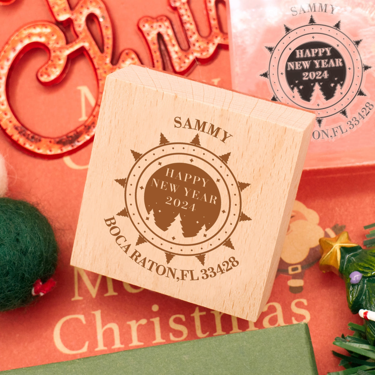 Happy New Year Square Address Rubber Stamp - Style 3 4