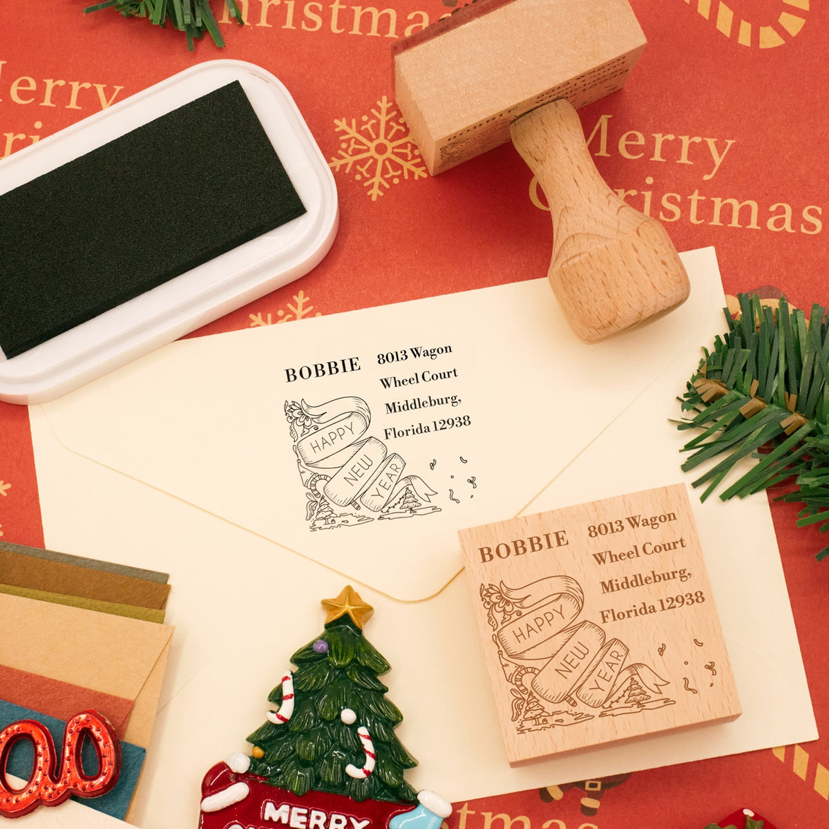 Happy New Year Square Address Rubber Stamp - Style 4 1