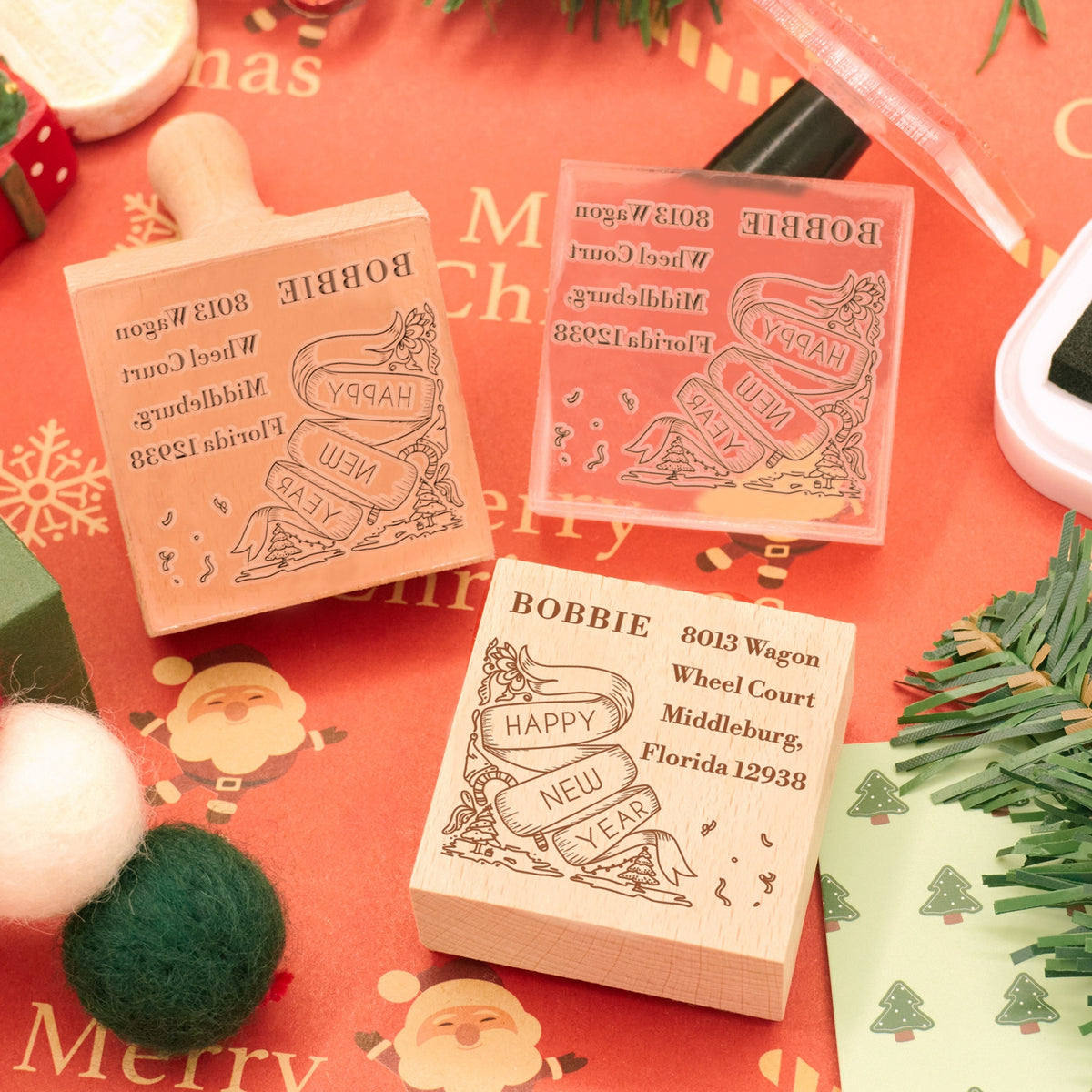 Happy New Year Square Address Rubber Stamp - Style 4 2