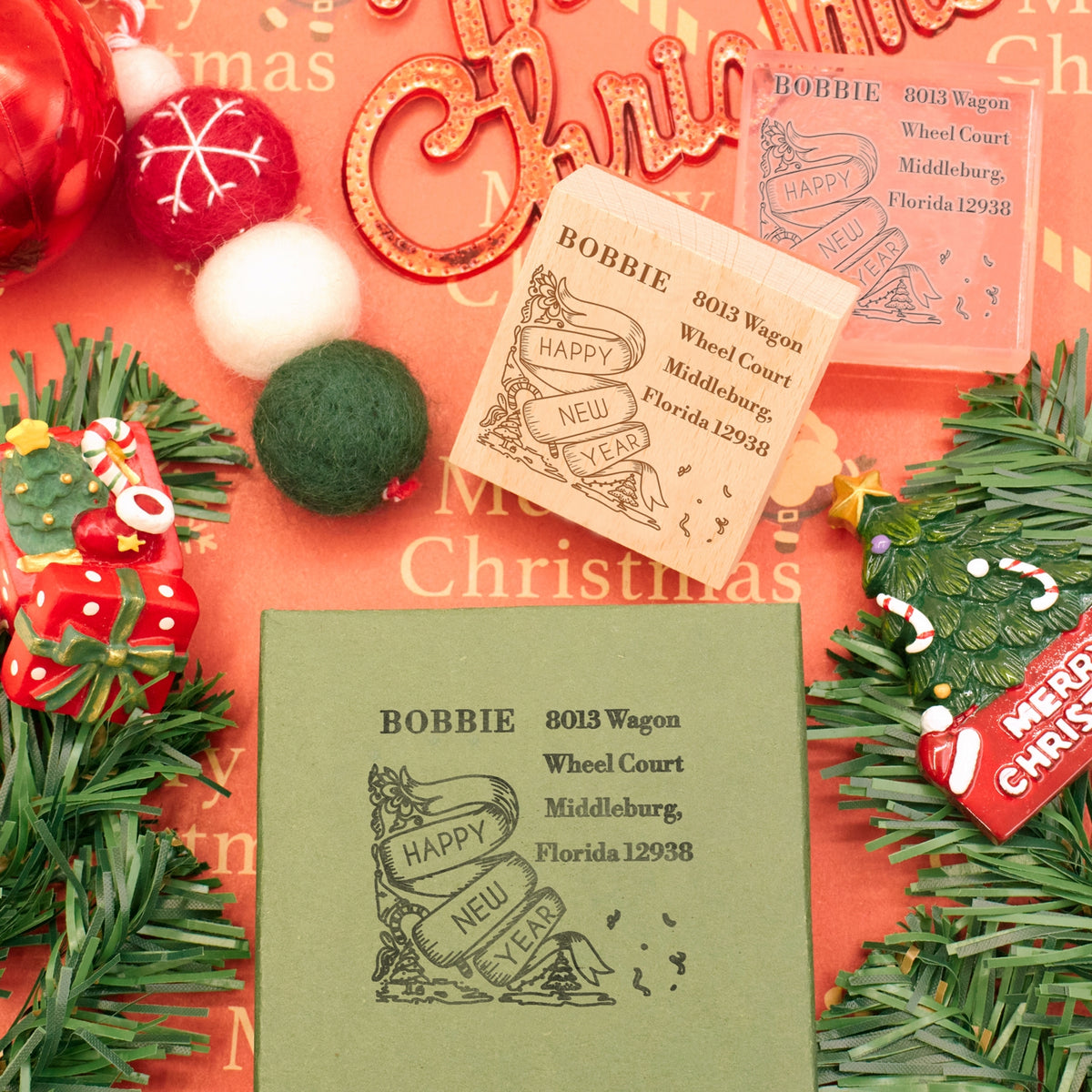 Happy New Year Square Address Rubber Stamp - Style 4 3