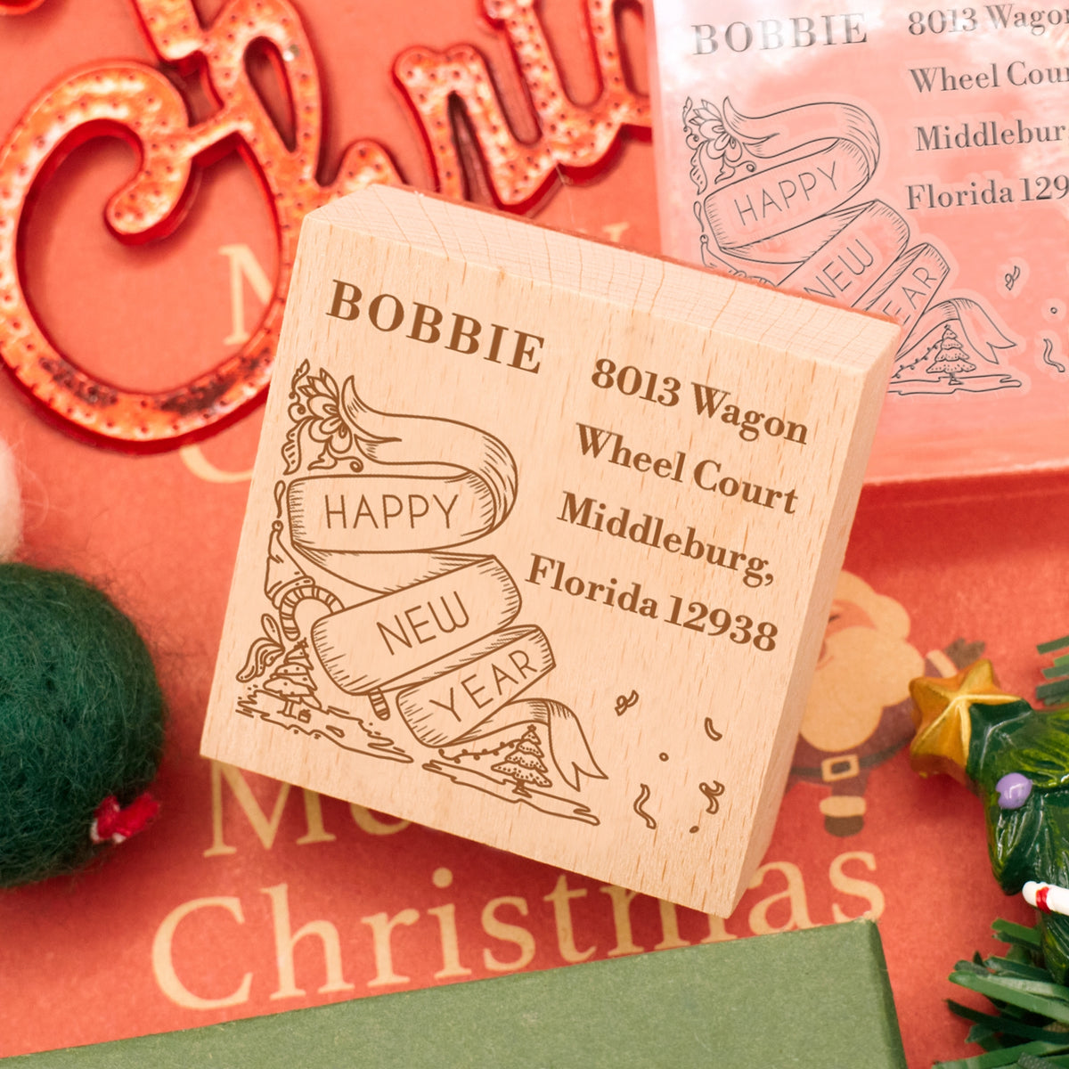 Happy New Year Square Address Rubber Stamp - Style 4 4