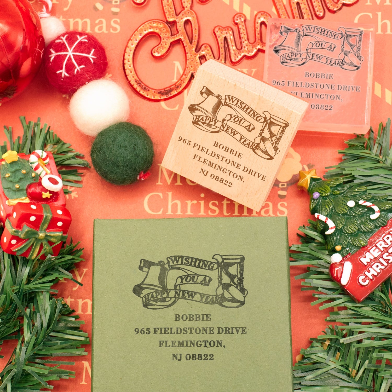 Happy New Year Square Address Rubber Stamp - Style 5 3
