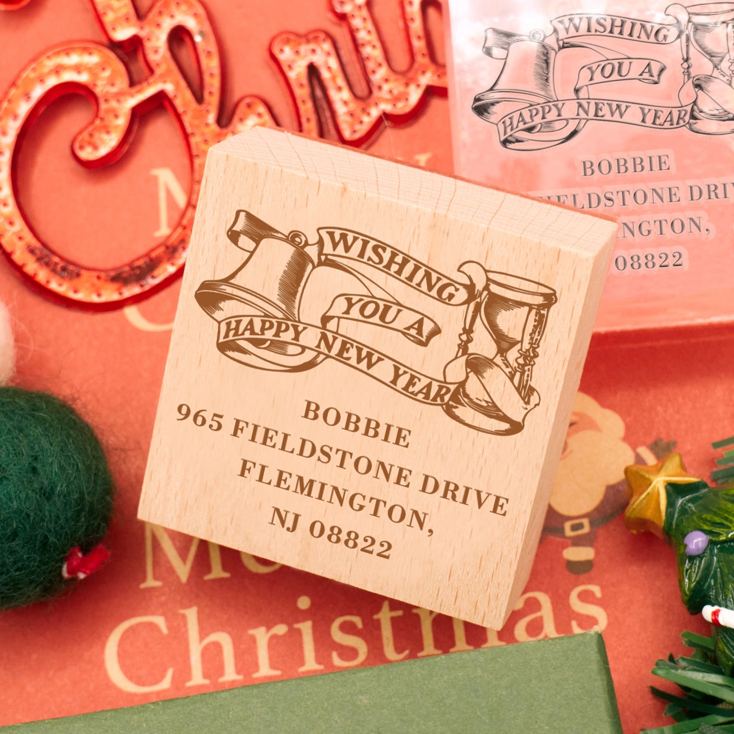 Happy New Year Square Address Rubber Stamp - Style 5 4