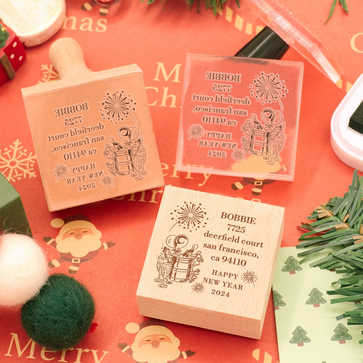 Happy New Year Square Address Rubber Stamp - Style 8 2
