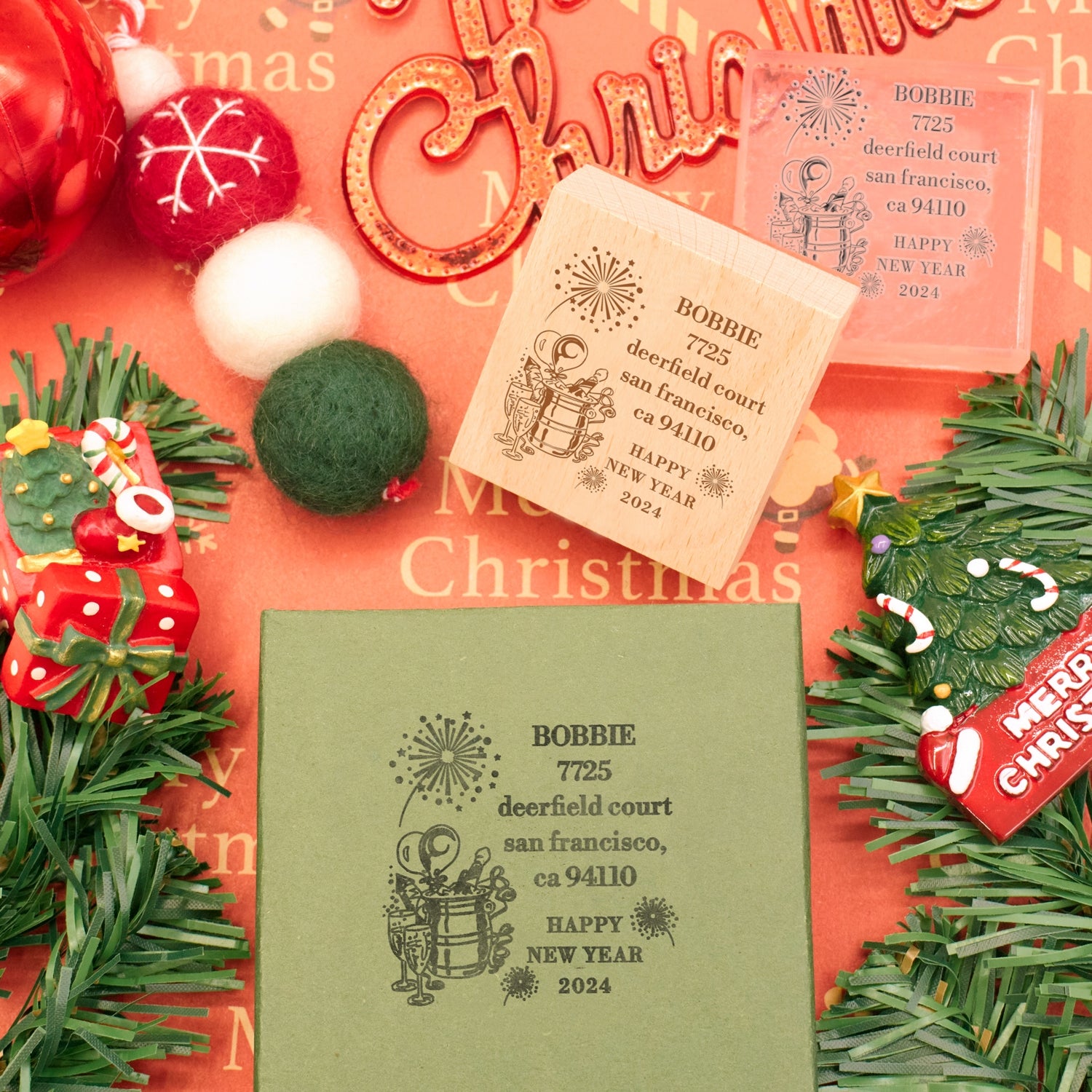 Happy New Year Square Address Rubber Stamp - Style 8 3