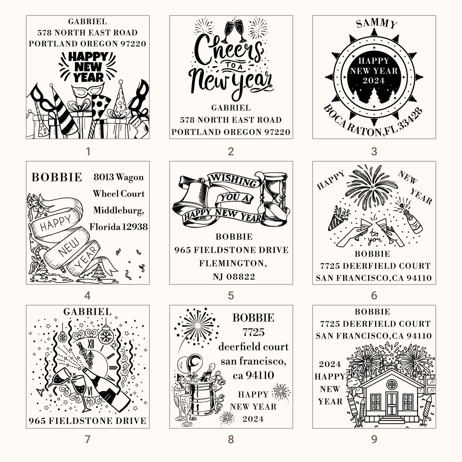Happy New Year Square Address Rubber Stamp (27 Designs)4