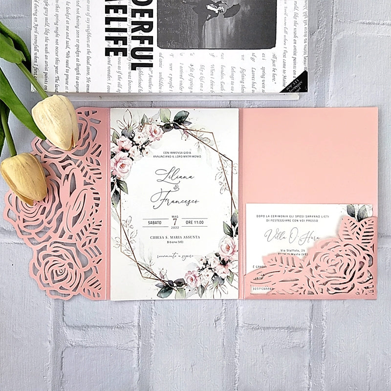 High-End Tri-Fold Rose Flower Greeting Card Invitation b3