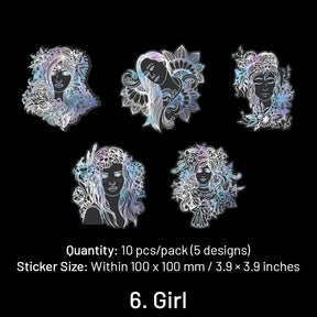 Holographic Hot Stamping Silver PET Stickers - Goldfish, Bird, Butterfly, Moon, Feather, Girl, Flower, Mandala sk-6