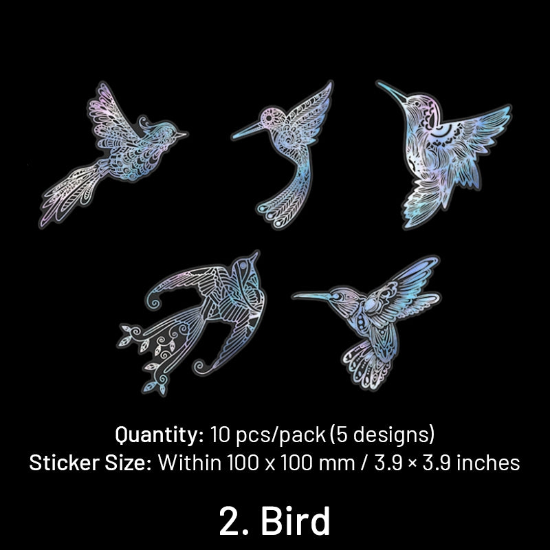 Holographic Hot Stamping Silver PET Stickers - Goldfish, Bird, Butterfly, Moon, Feather, Girl, Flower, Mandala sku-2