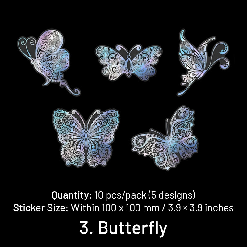 Holographic Hot Stamping Silver PET Stickers - Goldfish, Bird, Butterfly, Moon, Feather, Girl, Flower, Mandala sku-3
