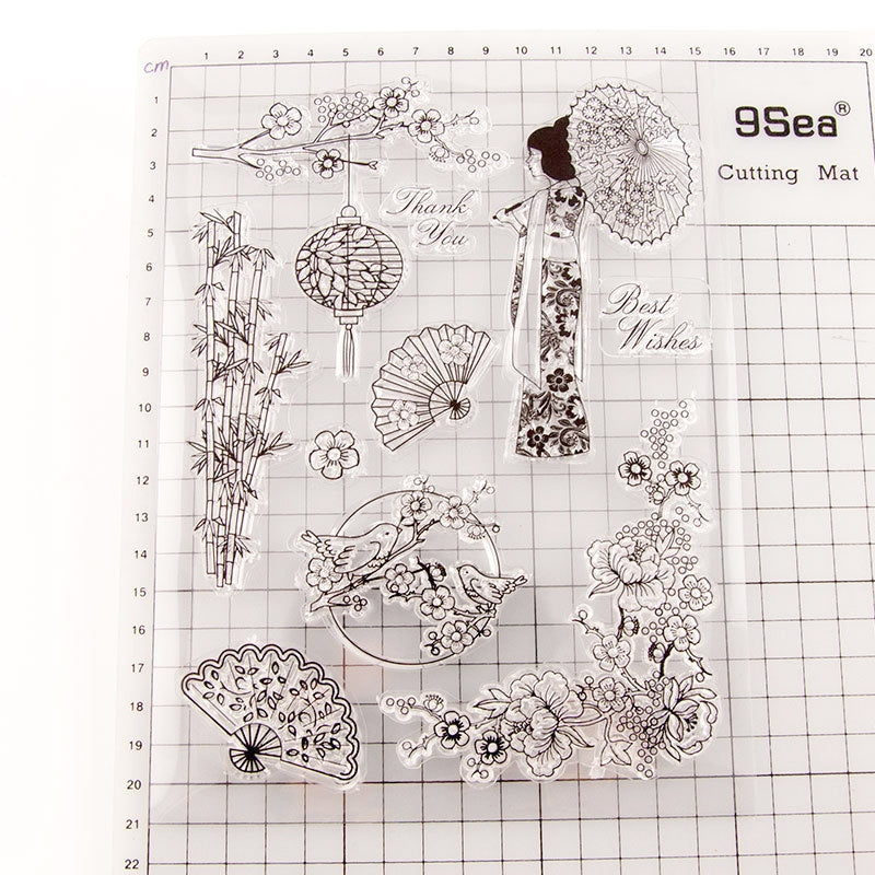 Japanese Cherry Blossom Kimono Clear Silicone Stamp b1