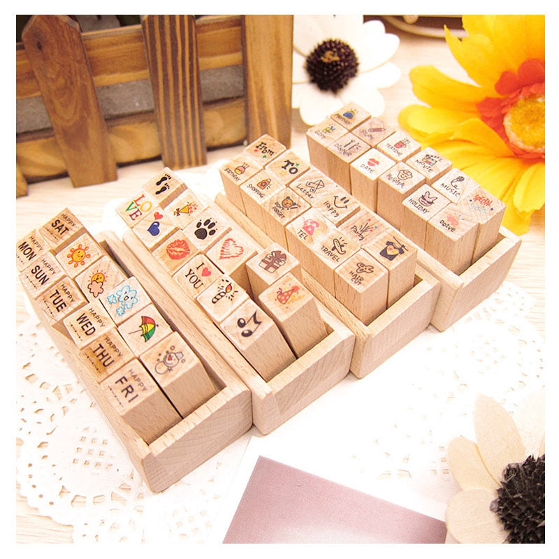 Joyfill Diary Wooden Boxed Retro Cute Small Rubber Stamp Set a