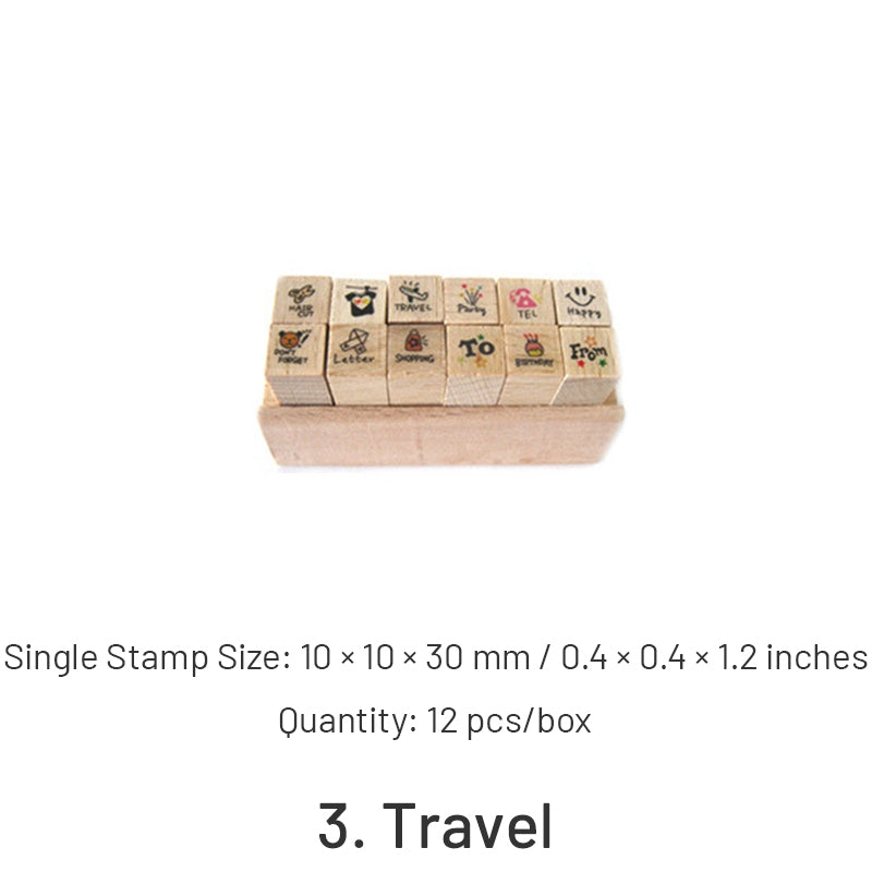 12 Pcs Mini Cute Wooden Rubber Stamps DIY Diary Stamps Set with Wooden Box
