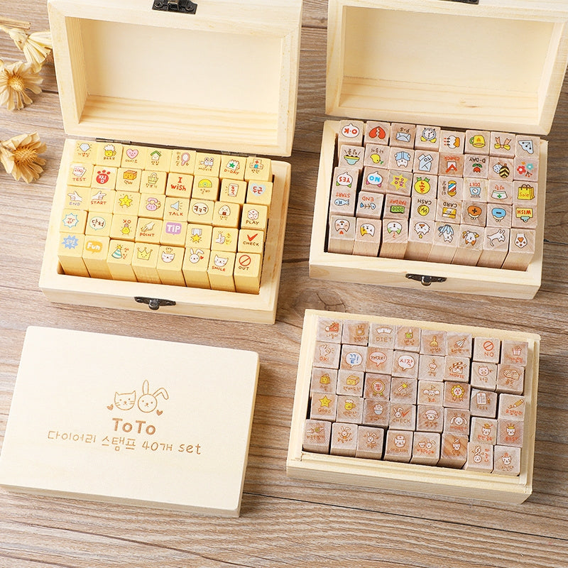 Kawaii Cartoon Rabbit & Cat Boxed Wooden Rubber Stamp Set a