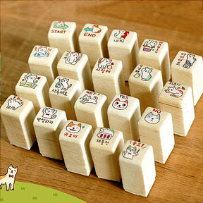 Kawaii Litlle Cat Pig Wood Stamp with Ink Pad Set a